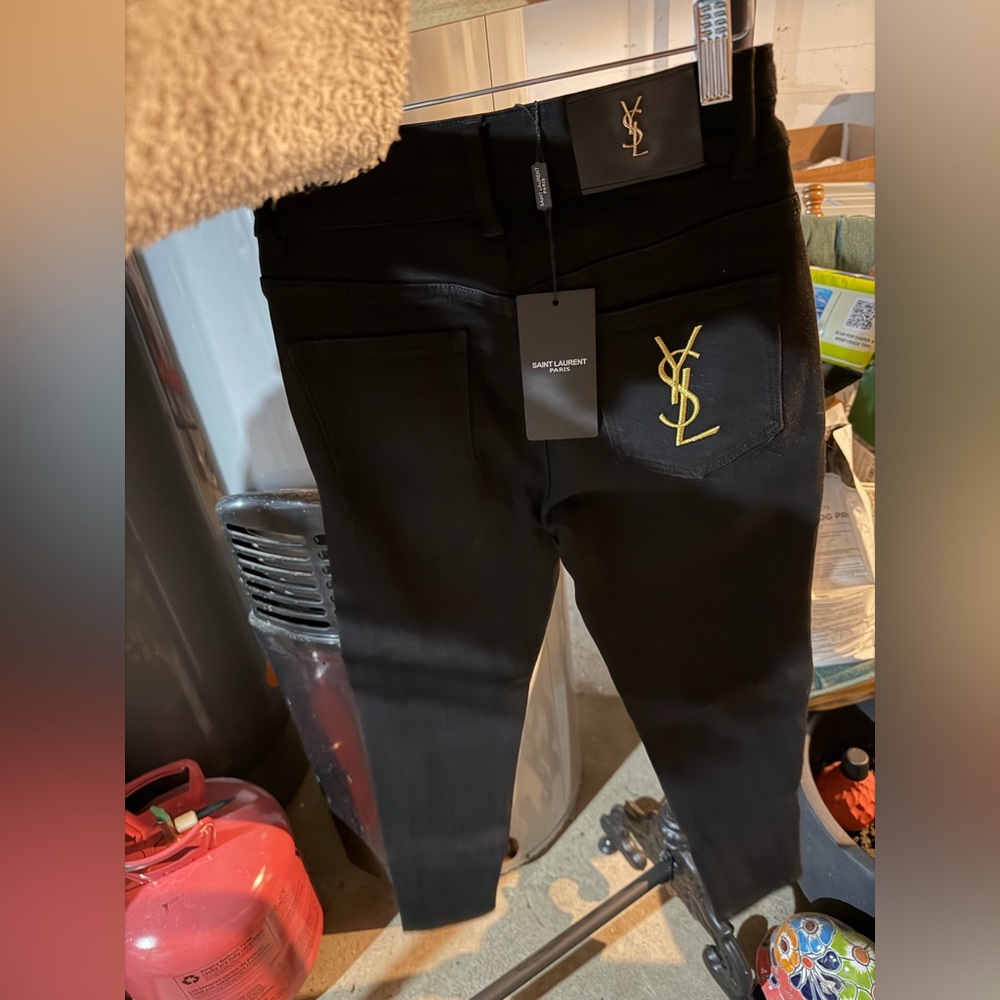 Saint Laurent Men's Black Skinny Jeans with Gold Logo